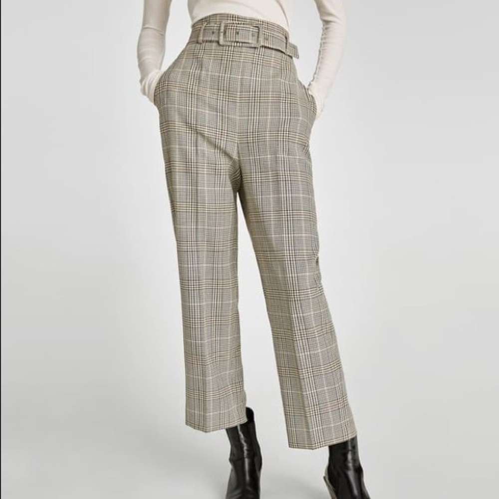 Zara plaid high waist trousers with buckle